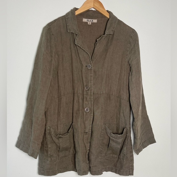 FLAX | Olive Green Linen Button Down Shirt Tunic Lightweight Coverup - Picture 1 of 6